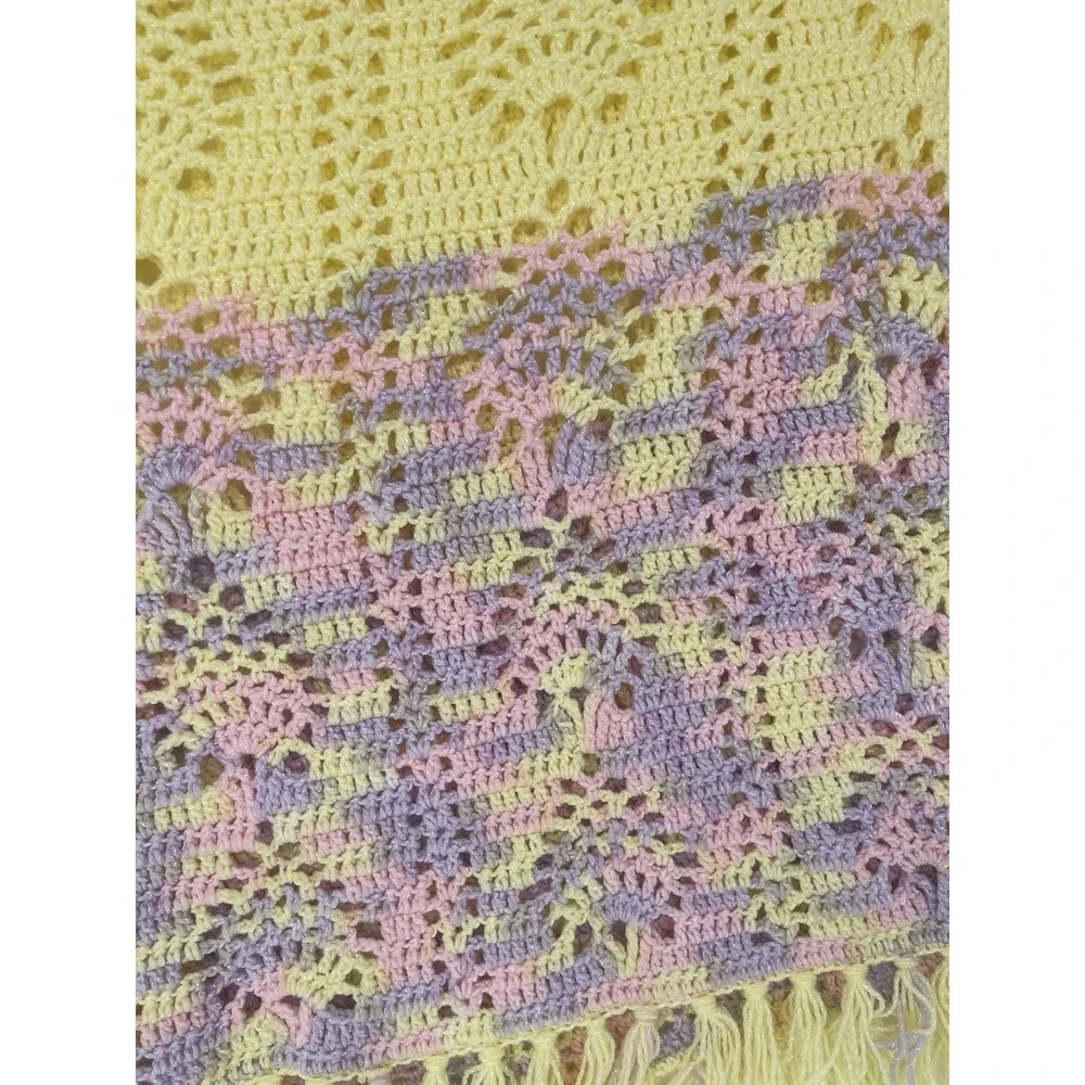 Vintage Afghan Hand Crochet Baby Girl Colors With Fringe Blanket.‎